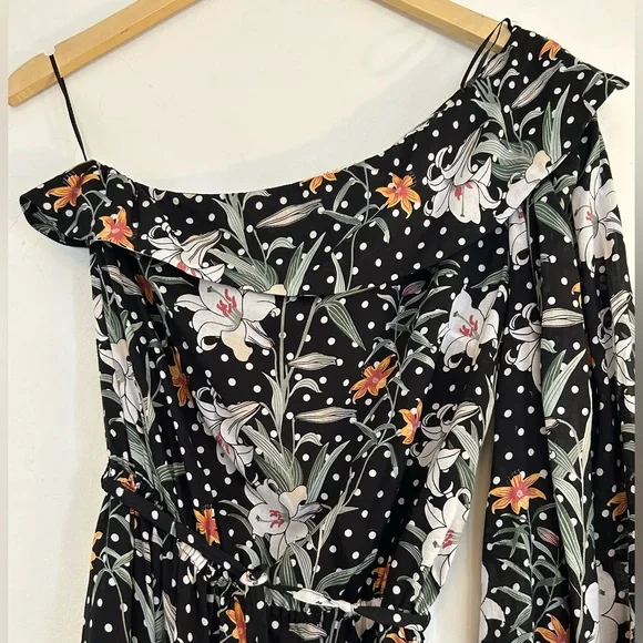 🌺 NWT MLM LABEL One Shoulder Dress Midi Sonata Black Floral Asteria Collection - Picture 3 of 9